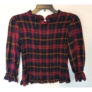 Moon River Women's Sz L Red Plaid Smocked Top Ruffle Neck & Hem Preppy Old Money